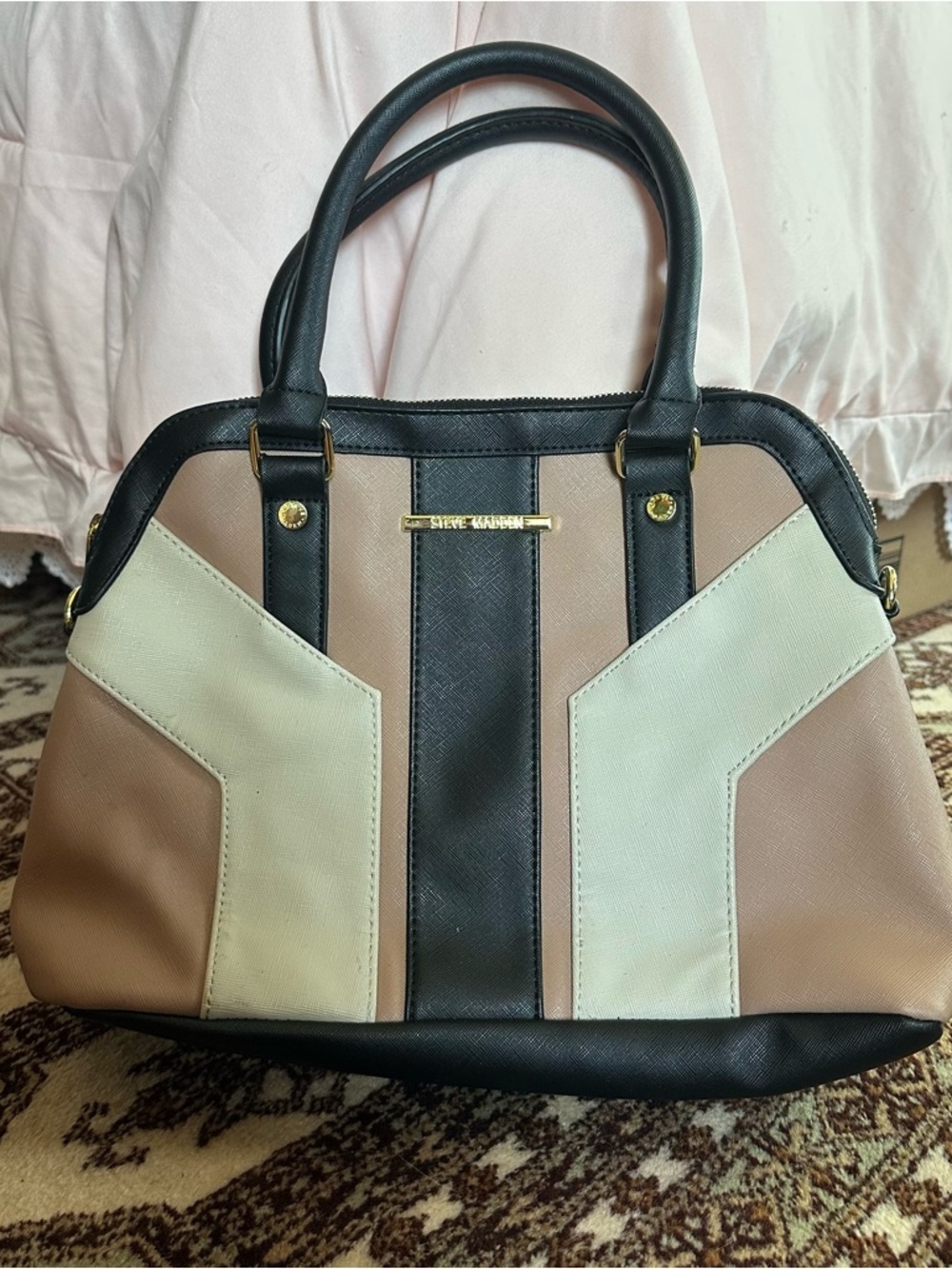 Steve Madden Colorblock Satchel in Black, Beige & Cream